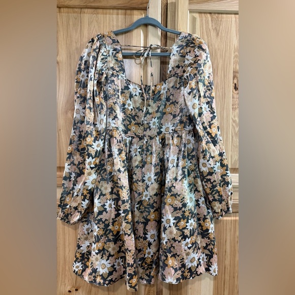 Stunning Mittoshop Floral Babydoll Square Neck Long Sleeve Shimmer Fall Dress - Picture 5 of 12